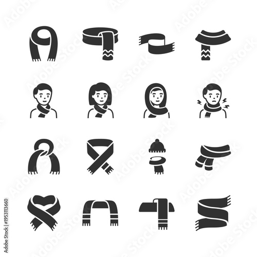 Scarf and neckwear styles, monochrome icons set. Winter scarf variations, head and neck wrapping, cold protection clothing, fashion accessory, warmth and comfort. Black and white symbols style