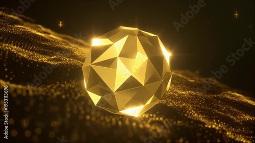 Abstract golden multifaceted sphere shimmering over a wave of sparkling particles in a dark digital space, representing luxury and technological elegance