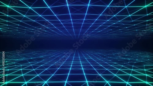 Abstract digital grid background with glowing blue lines creating a futuristic virtual reality landscape, perfect for technology concepts and data visualization