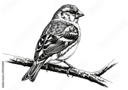 Detailed ink drawing of a small bird perched on a textured tree branch against a white background