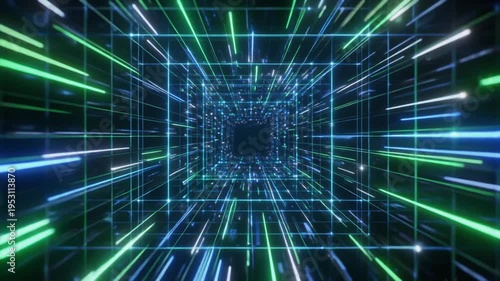 Abstract Digital Tunnel with Glowing Lines and Geometric Patterns, High-Speed Futuristic Technology Concept