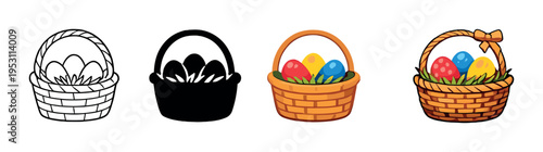Four easter baskets with decorated eggs on gray gradient background