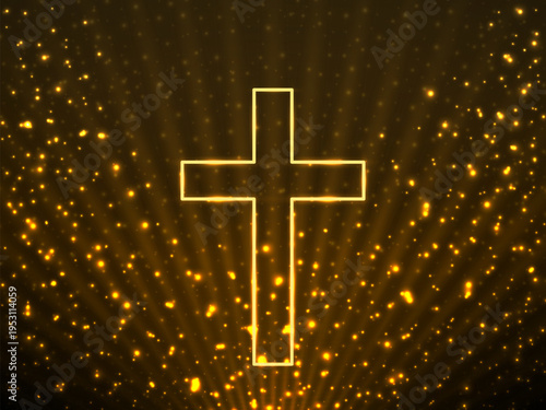 Glowing christian cross on background glitter particles and glowing rays. Religious symbol. Magic backdrop