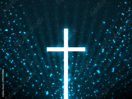 Сhristian cross on background glitter particles and glowing rays. Religious symbol. Magic backdrop