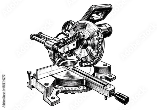 Detailed black and white illustration of a miter saw, a woodworking tool for precise cuts