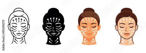 Female faces showing facial massage directions on gradient