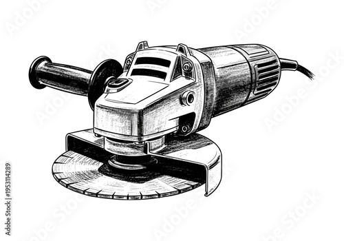 Detailed illustration of an angle grinder with a cutting disc on a white background