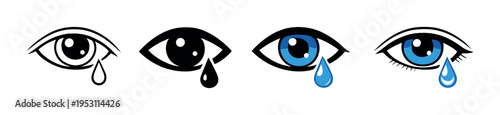 Four stylized eyes with single tear drops on dark background