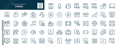 Video. Set of outline icons. Camera, player, film, cinema, clip, track, sound, play, filming, recording, shooting, cameraman, videographer, commercial, clip. Line icon in linear style. Vector collecti