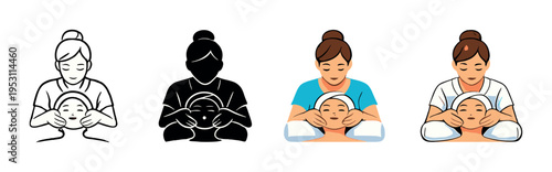 Four facial therapist icons performing face massage on gray background