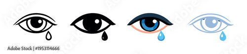 Four stylized eyes with teardrops on muted gray background