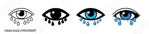 Four stylized eyes crying on dark gradient background