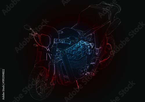 A motorcycle sits in front of a black background, its design outlined in red and blue neon lights. The focus is on the structure and wheels of the motorcycle, showcasing its form.