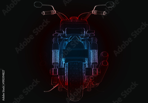 A motorcycle sits in front of a black background, its design outlined in red and blue neon lights. The focus is on the structure and wheels of the motorcycle, showcasing its form.