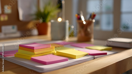 Accelerator curriculum materials spread across workspace, startup playbook annotated heavily, mentor feedback incorporated, vibrant colorful sticky notes marking insights, perfect for program