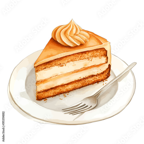 Pumpkin Spice Layer Cake Slice with Cream Cheese Frosting and Caramel Drizzle Watercolor Clipart on White Background