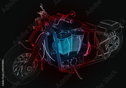 A motorcycle sits in front of a black background, its design outlined in red and blue neon lights. The focus is on the structure and wheels of the motorcycle, showcasing its form.