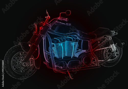 A motorcycle sits in front of a black background, its design outlined in red and blue neon lights. The focus is on the structure and wheels of the motorcycle, showcasing its form.