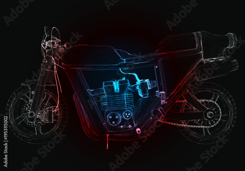 A motorcycle sits in front of a black background, its design outlined in red and blue neon lights. The focus is on the structure and wheels of the motorcycle, showcasing its form.