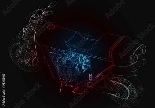 A motorcycle sits in front of a black background, its design outlined in red and blue neon lights. The focus is on the structure and wheels of the motorcycle, showcasing its form.