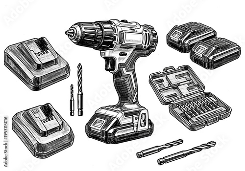 Cordless power drill with batteries, drill bits, and accessory case on white background