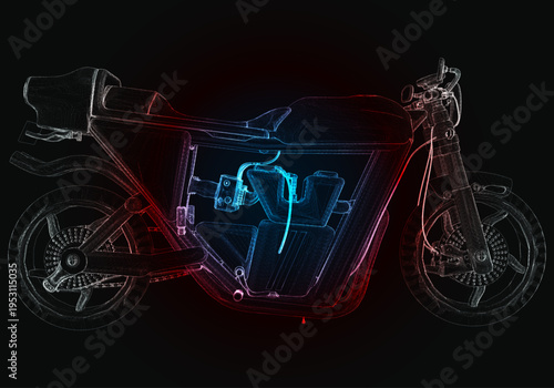 A motorcycle sits in front of a black background, its design outlined in red and blue neon lights. The focus is on the structure and wheels of the motorcycle, showcasing its form.