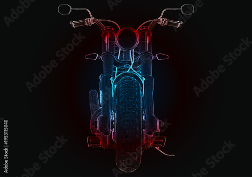 A motorcycle sits in front of a black background, its design outlined in red and blue neon lights. The focus is on the structure and wheels of the motorcycle, showcasing its form.