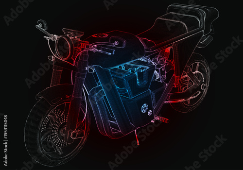 A motorcycle sits in front of a black background, its design outlined in red and blue neon lights. The focus is on the structure and wheels of the motorcycle, showcasing its form.