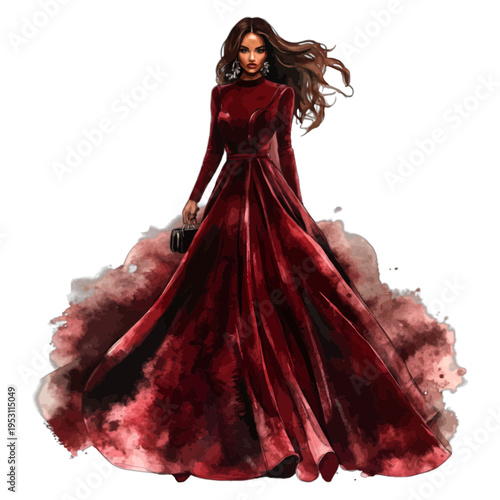Elegant Woman in Burgundy Velvet Gown, Watercolor Maroon Evening Dress Fashion Illustration Clipart on White Background