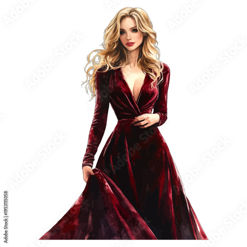 Elegant Woman in Burgundy Velvet Gown, Watercolor Maroon Evening Dress Fashion Illustration Clipart on White Background