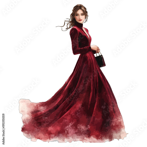 Elegant Woman in Burgundy Velvet Gown, Watercolor Maroon Evening Dress Fashion Illustration Clipart on White Background