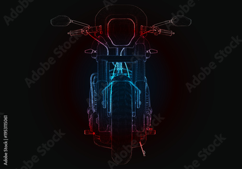 A motorcycle sits in front of a black background, its design outlined in red and blue neon lights. The focus is on the structure and wheels of the motorcycle, showcasing its form.