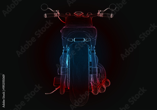 A motorcycle sits in front of a black background, its design outlined in red and blue neon lights. The focus is on the structure and wheels of the motorcycle, showcasing its form.