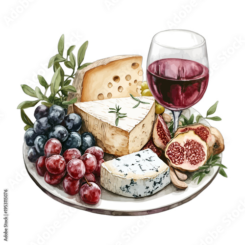 Watercolor Gourmet Charcuterie Board Illustration with Red Wine Glass, Assorted Cheeses, Grapes, and Figs Clipart