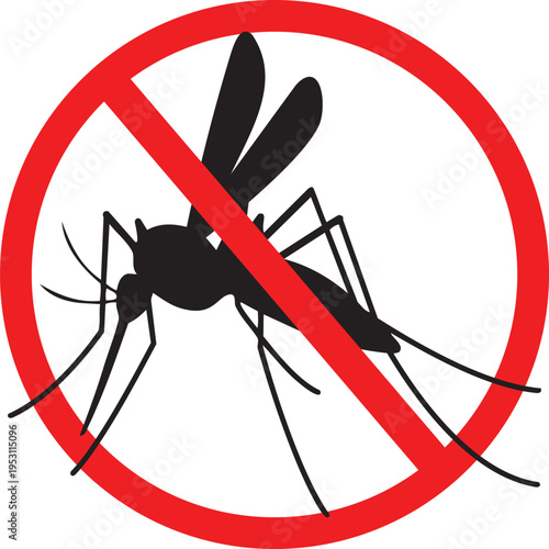 Mosquito Ban Icon: A bold symbol depicting a mosquito crossed out by a red circle, representing a universal message against the insect.