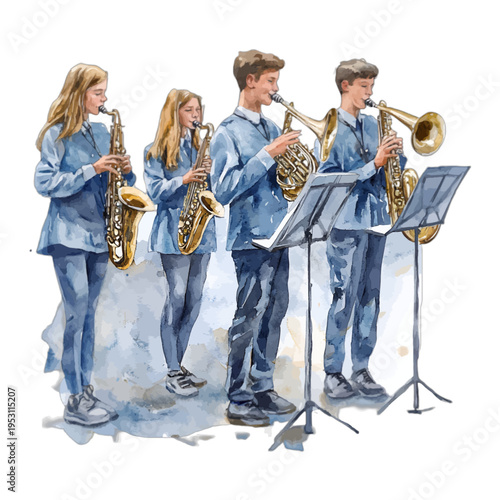 School Brass Band Watercolor Illustration, Students Playing Saxophone, French Horn, and Trumpet Clipart on White Background