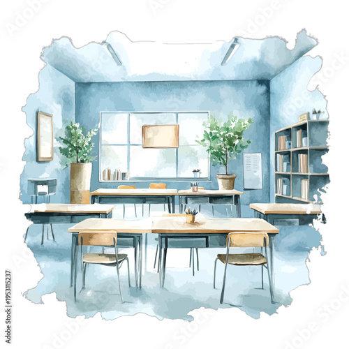 Blue Watercolor Classroom Interior with Wooden Desks, Chairs, Bookshelves, and Indoor Plants Clipart