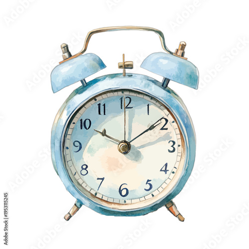 Vintage Light Blue Alarm Clock Illustration, Retro Twin Bell Metal Clock Watercolor Clipart on White Background