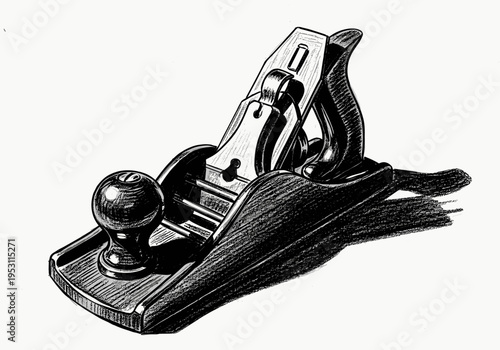 Vintage woodworking hand plane tool with a wooden knob and handle, rendered in a sketch style