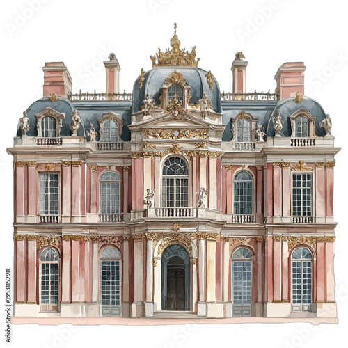 Watercolor Illustration of the Palace of Versailles Marble Court, French Baroque Chateau and Luxury Mansion Clipart on White Background
