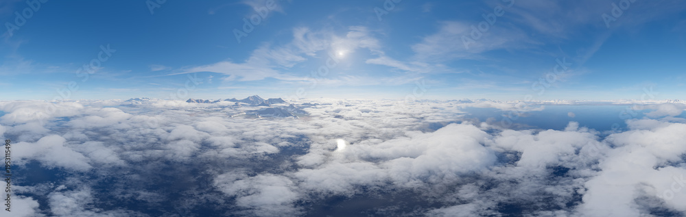 Fototapeta premium Panoramic Aerial View Of Clouds And Sky Over Snowy Mountains And Blue Ocean With Sunlight 3D Rendering