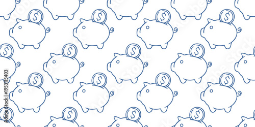 Financial seamless pattern with piggy bank and dollar coin icons. Blue line vector background on white for savings, banking and personal finance budget planning design. Minimalist hand drawn wallpaper