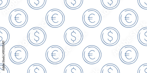Financial seamless pattern with euro and dollar coin icons. Blue line vector background on white with money, currency, coins for business, banking, investment web design. Minimalist simple wallpaper