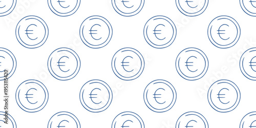 Financial seamless pattern with euro coin icons. Blue line vector background on white with money, currency, coins for business, banking and investment web design. Minimalist simple wallpaper