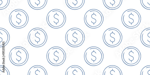 Financial seamless pattern with dollar coin icons. Blue line vector background on white with money, currency, coins for business, banking and investment web design. Minimalist simple wallpaper