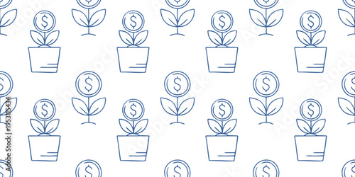 Financial seamless pattern with growing money plants in pots symbols. Blue line vector background on white with dollar signs for investment growth, business success and wealth prosperity design