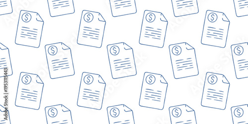 Financial seamless pattern with document icons. Blue line vector background on white with paper sheets, tax forms, contracts, dollar icons, bills for business, banking, accounting and legal design