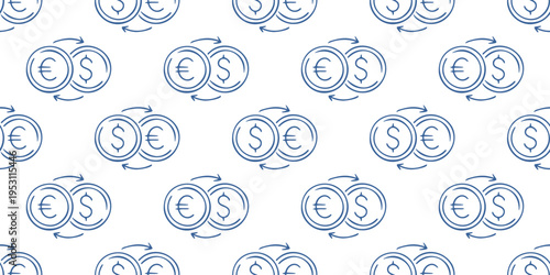 Financial seamless pattern with currency exchange icons. Blue line art vector background on white with money transfer, dollar and euro symbols for global business, banking and investment design