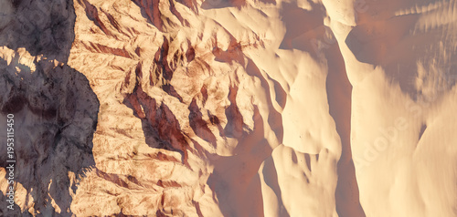 Tableau sur toile Aerial Desert Sand Dunes And Rocky Canyon Terrain In Warm Light 3D Rendering