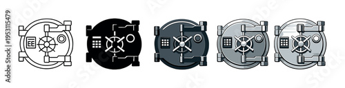 Five circular safe doors progressing from outline to metallic finish